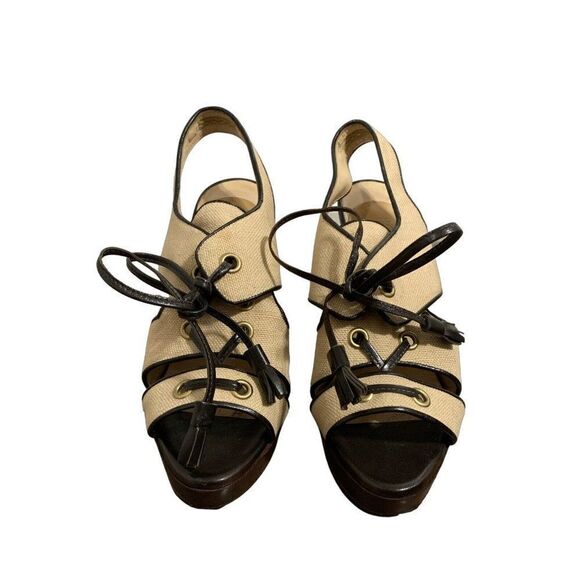 bottega veneta Authentic Beige Brown lace up Block High Heel slingback Sandals 6 - Picture 3 of 7